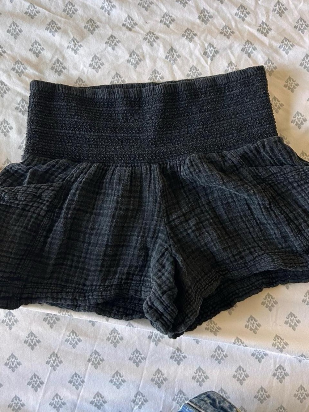 Anthropologie Black Smocked High-Waist Gauze Shorts